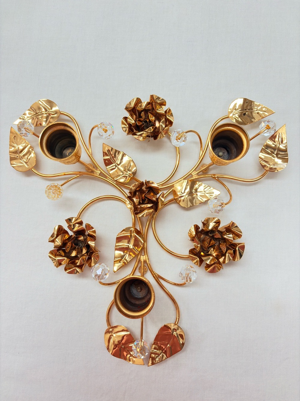 Vintage Gold Gilt Toleware Floral Candelabra Centerpiece Hollywood Regency